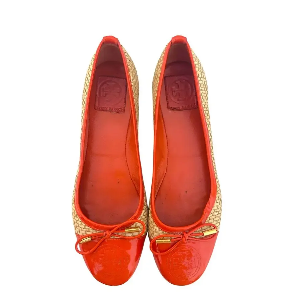Tory Burch Catherine Ballet Flat Patent Raffia Orange 8.5
